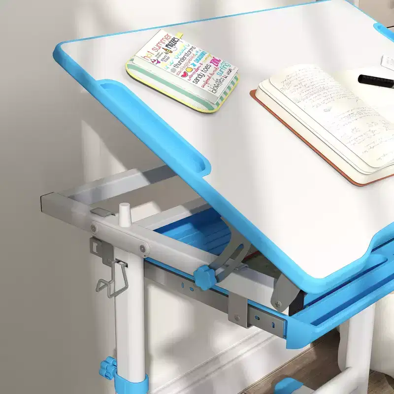Qaba Kids Desk and Chairs Set, Height Adjustable Children School Study Desk with Tilt Desktop, Storage Drawer, Pen Slot, Hook