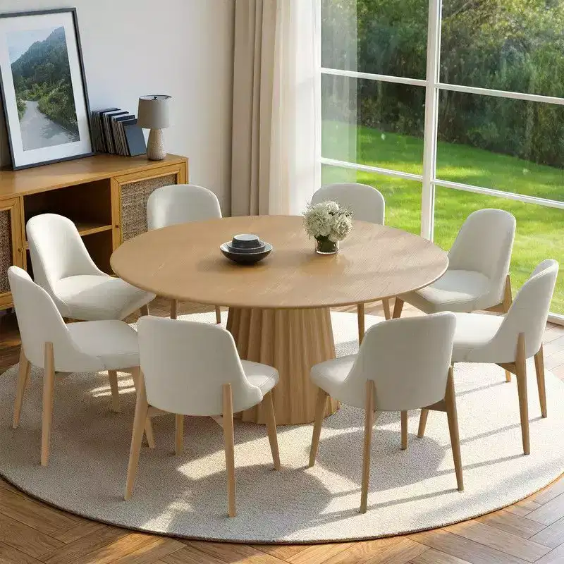 PexFix 60 Modern Round Dining Table Set with 8 Upholstered Chairs Natural Textured Wood Top Pleated Pedestal Base Beige Seats for Kitchen Dining Room