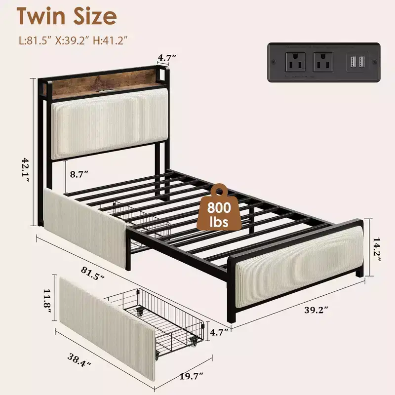 Twin Size Wood Platform Bed Frame with Headboard and 2 Storage Drawers, No Box Spring Needed, for Kids, Teens or Adults