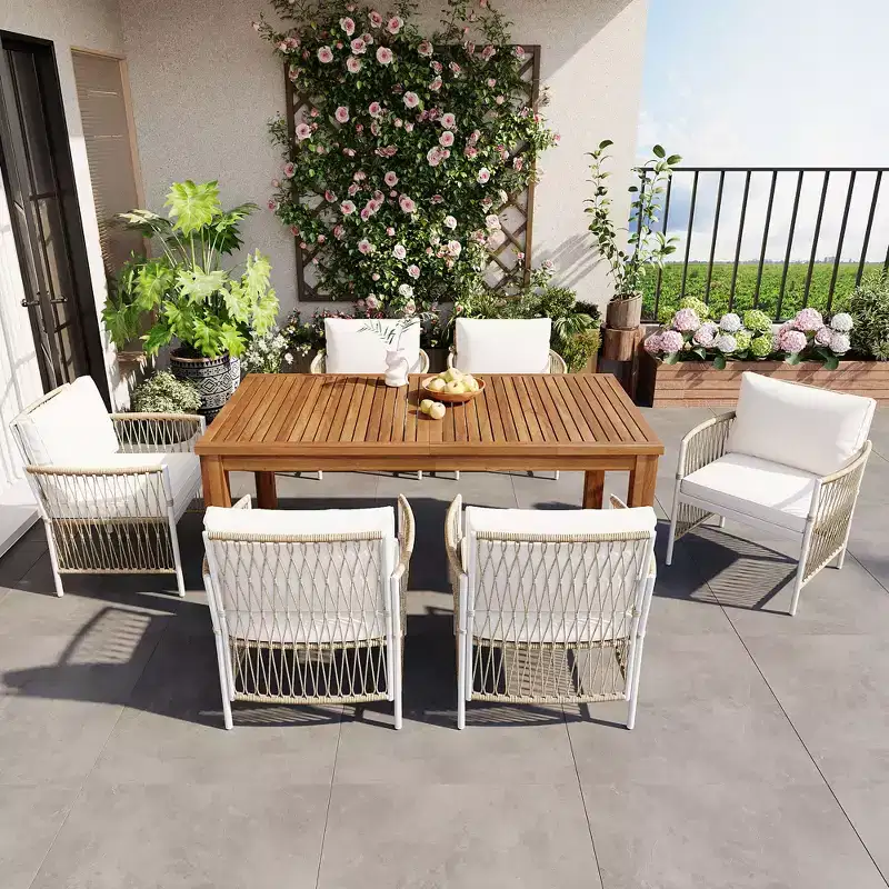 5/7PCS Outdoor Dining Set Patio Dining Furniture Set with 4/6 Rattan Arm Chairs & Weather-Resistant Acacia Wood Table, Natural - ModernLuxe