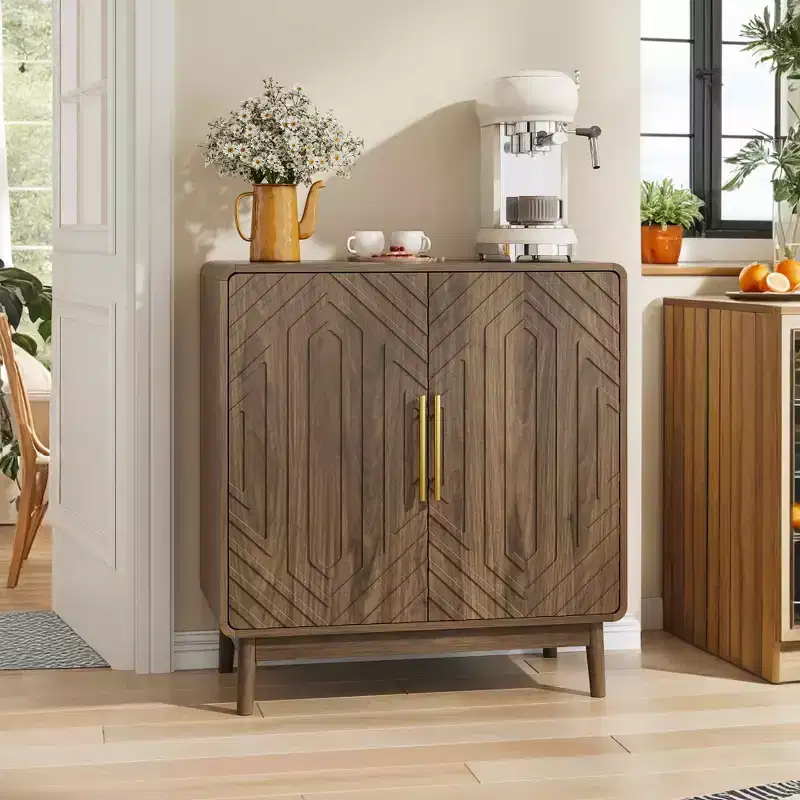 Sideboard Buffet Cabinet with Carved 2 Door, Adjustable Shelf for Living Room Kitchen Dining Room, Walnut