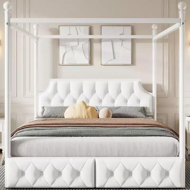 Bellemave Queen Size 4-Poster Metal Canopy Bed Frame with Velvet Headboard and 2 Storage Drawers, 4-Poster Upholstered Canopy Platform Bedframe, White