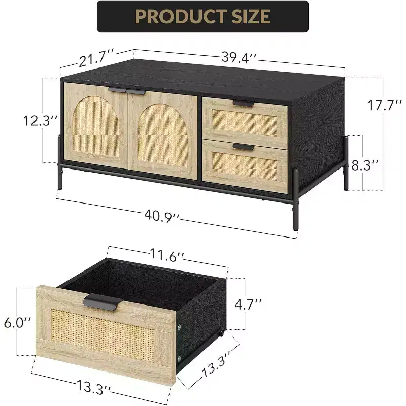 Coffee Table with Open Shelves, 2 Tier Modern Industrial Design for Living Room