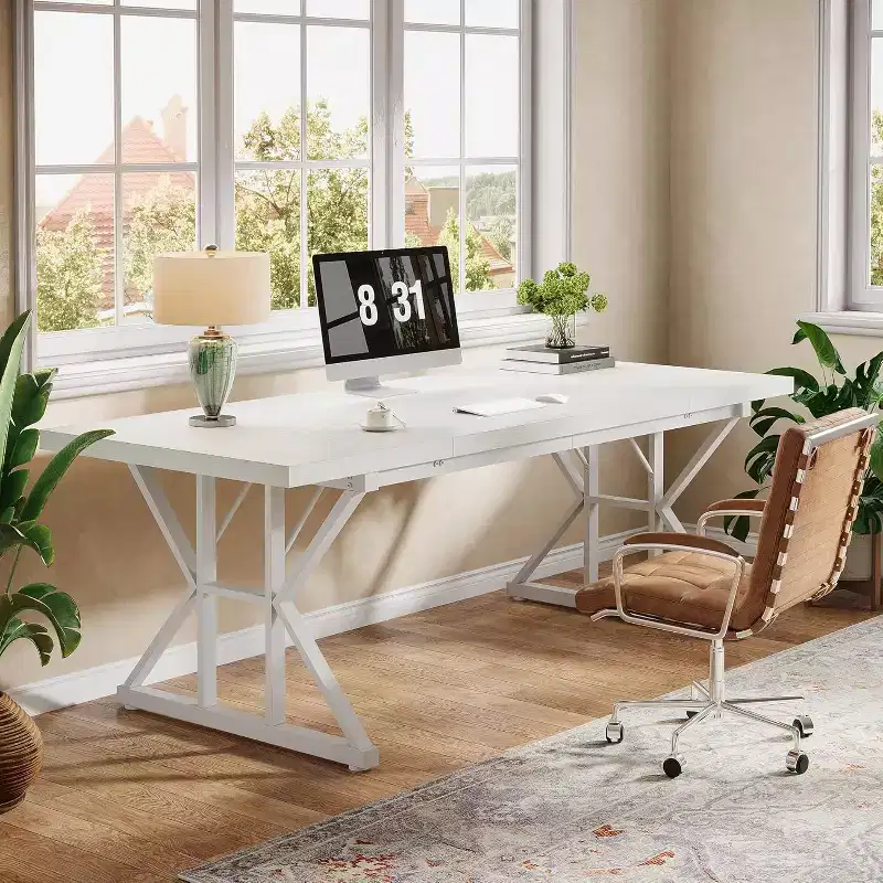 70.86-Inch Large Executive Desk, Industrial Home Office Computer Desk, Simple Long Writing Study Table Business Furniture (White)