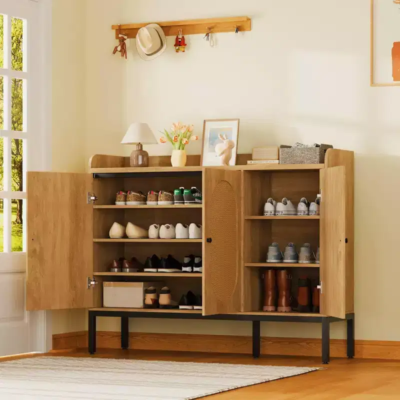 Shoe Cabinet with 3 Rattan Doors, Freestanding Shoe Storage Organizer with Adjustable Shelves, 7-Tier Shoe Storage Cabinet for Entryway,Hallway,Closet