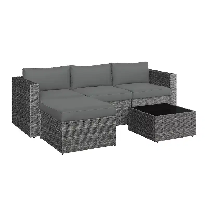 5-Piece Patio Furniture Set, Wicker Modular Outdoor Sectional Sofa with Cushions and Coffee Table, Grey