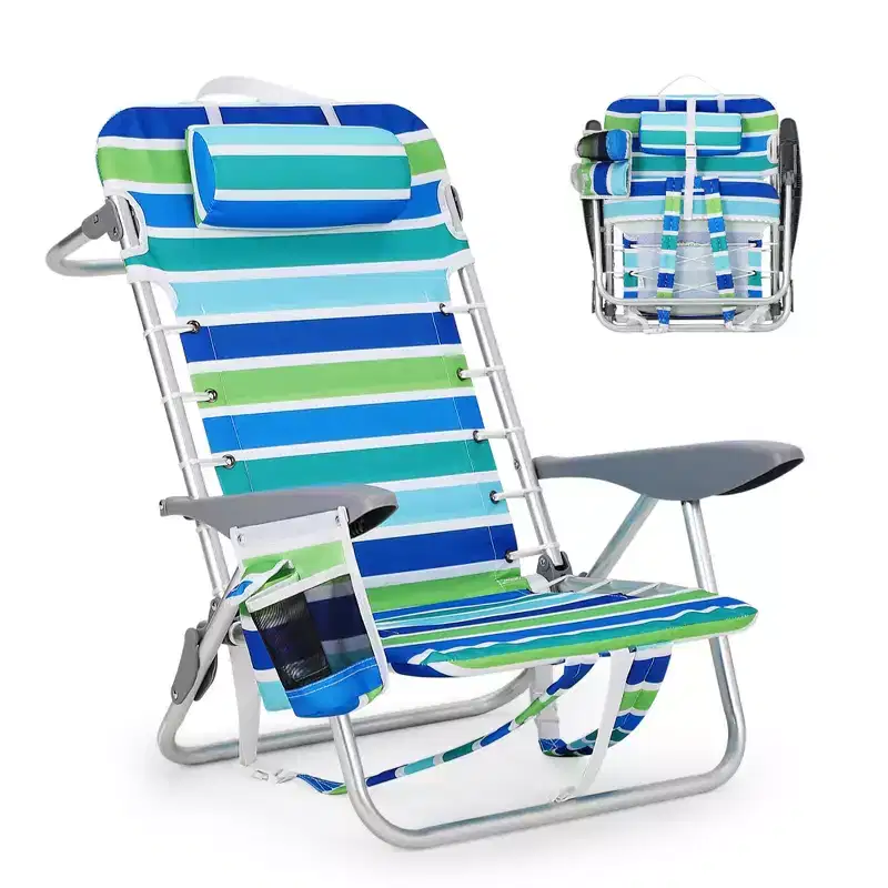 Folding Lightweight Backpack Beach Chair, Lay-Flat 5-Position Recline, 300LBS Load with Cup Holder, Phone Pocket & Towel Bar