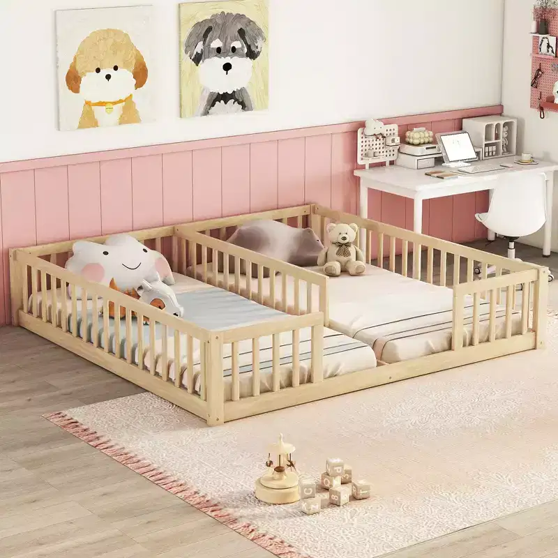 Double Twin Floor Bed with Guardrail, Wood Platform Bed with Fence for 2 Kids