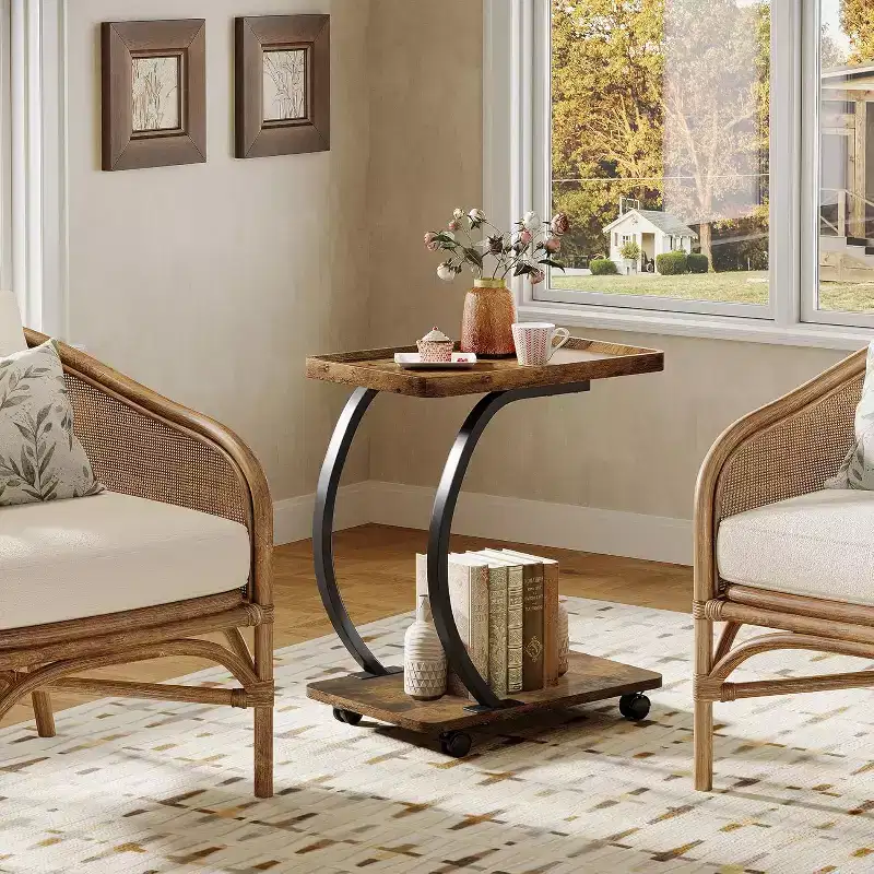 Lantine C-Shaped End Table, 2-Tier Small Side Table with Wheels, Wood Bedside Snack Couch Table for Living Room Small Spaces, Brown