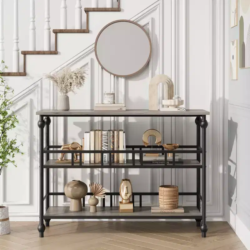 Console Table 43, 3-Tier Industrial Entryway Table, Narrow Entrance Sofa Table with Shelves