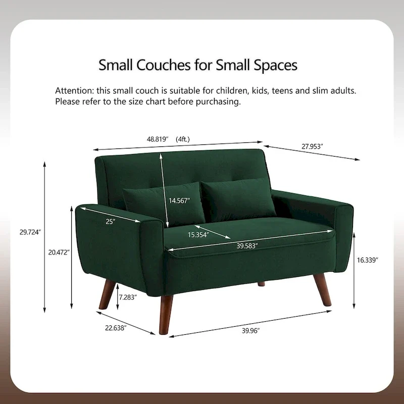 48.82 Small Tufted Loveseat Sofa 2 Set with Tapered Wood Legs