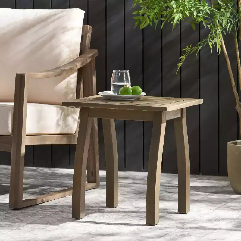 Acacia Wood Outdoor Accent Side Table, Modern End Table for Patio, Backyard, Pool Deck
