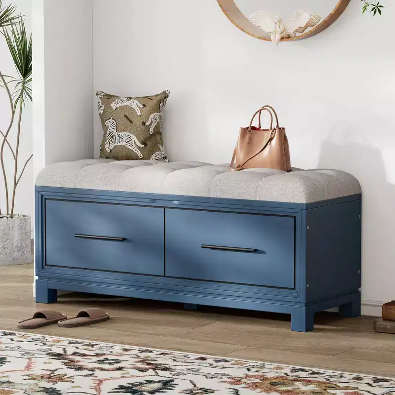 Shoe Bench with Removable Cushion, Entryway Bench with Hidden Storage for Living Room, Entryway and Hallways, Navy