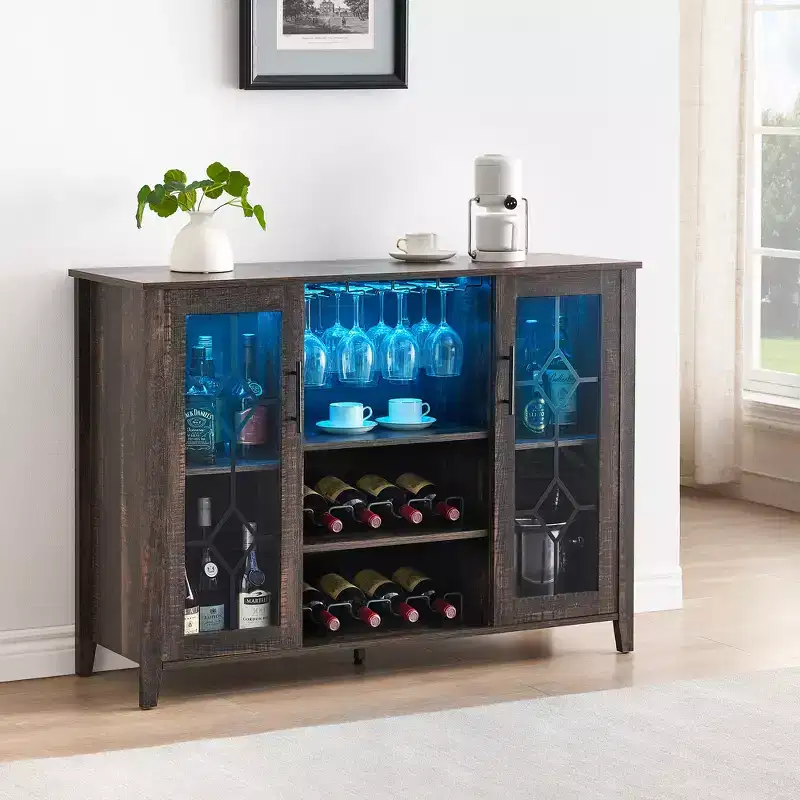 Wine Bar Cabinet with LED Lights – Glass & Bottle Rack, Sideboard Buffet Storage