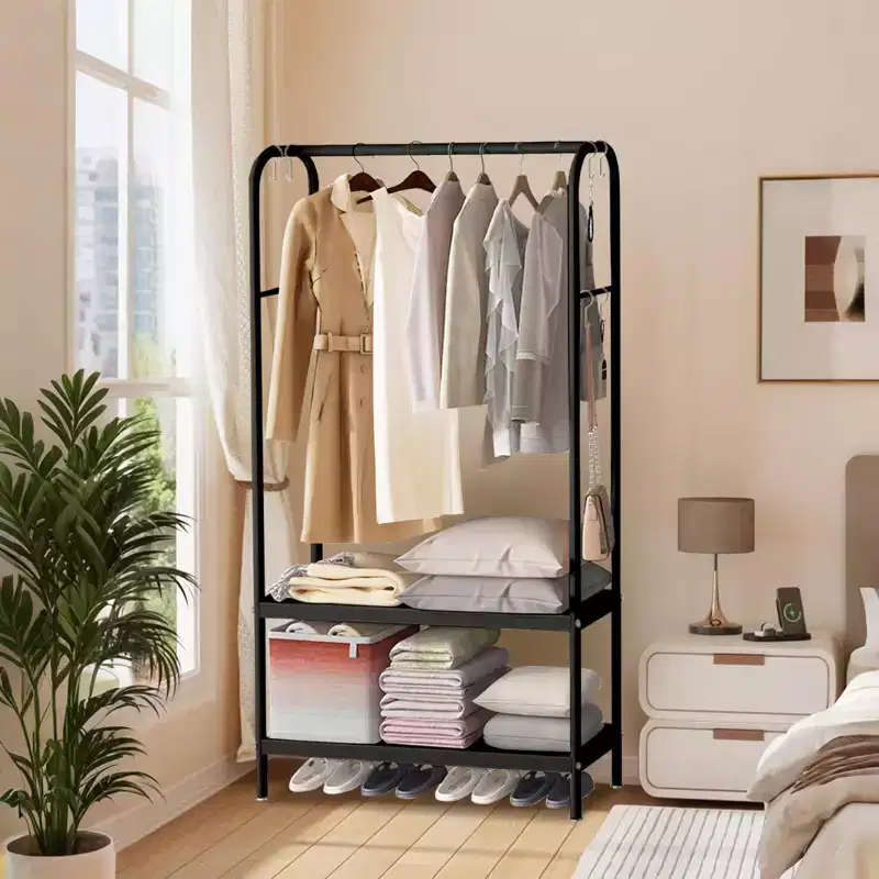 Gold Clothing Rack, Heavy Duty Garment Rack Freestanding Coat Rack for Hanging Clothes Metal Clothes Hanger with Double Shelves for Bedroom, Office