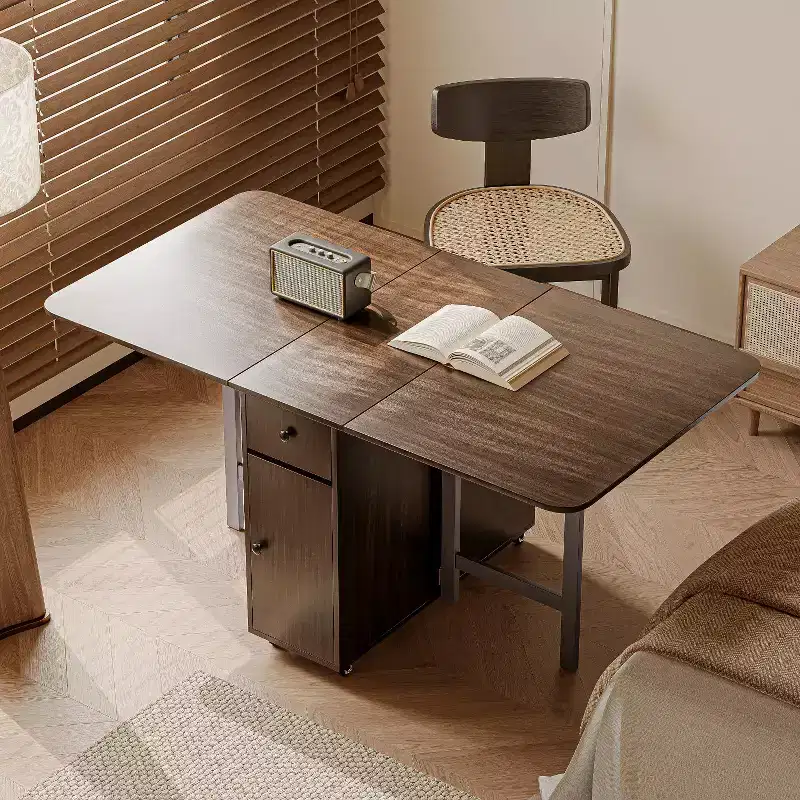 59'' Folding Table No Assembly Required, Rectangular Wooden Extendable Dinning Table With Wheels And Storage