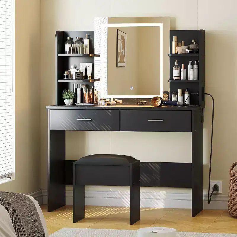 Lighted Makeup Vanity Set with Power Outlet & Cushioned Stool - Adjustable Brightness Mirror, 2 Drawers & Open Shelves, Vanity Desk for Bedroom
