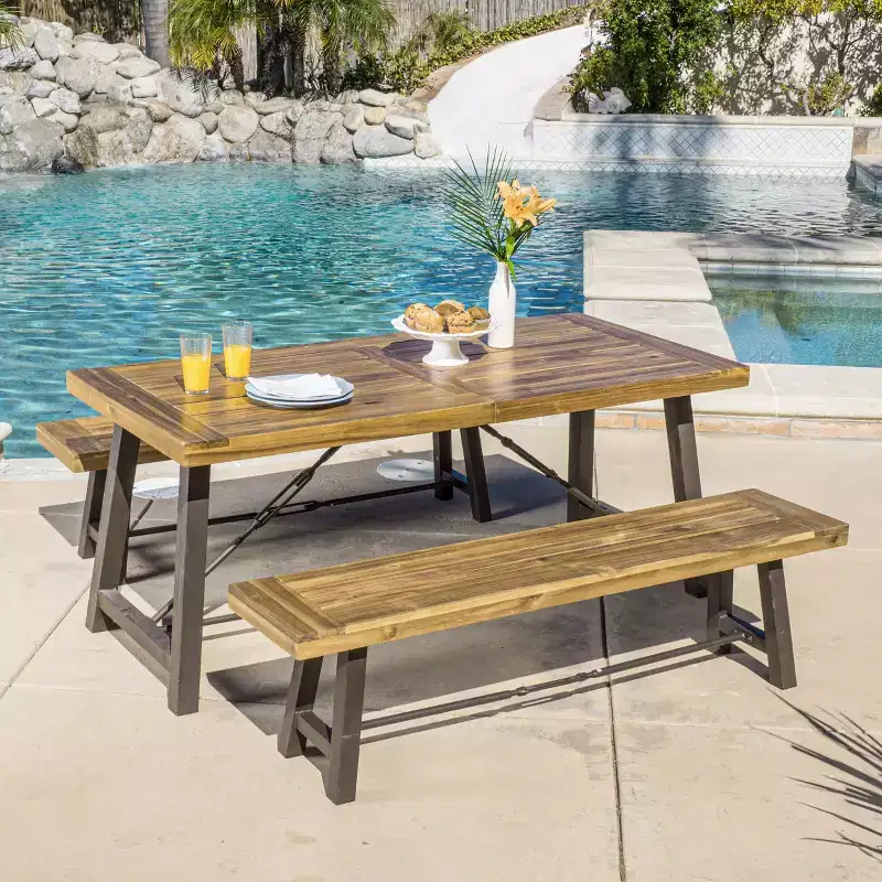 GDFStudio Rosario Outdoor Industrial Acacia Wood 3 Piece Picnic Dining Set, Teak/Rustic Metal