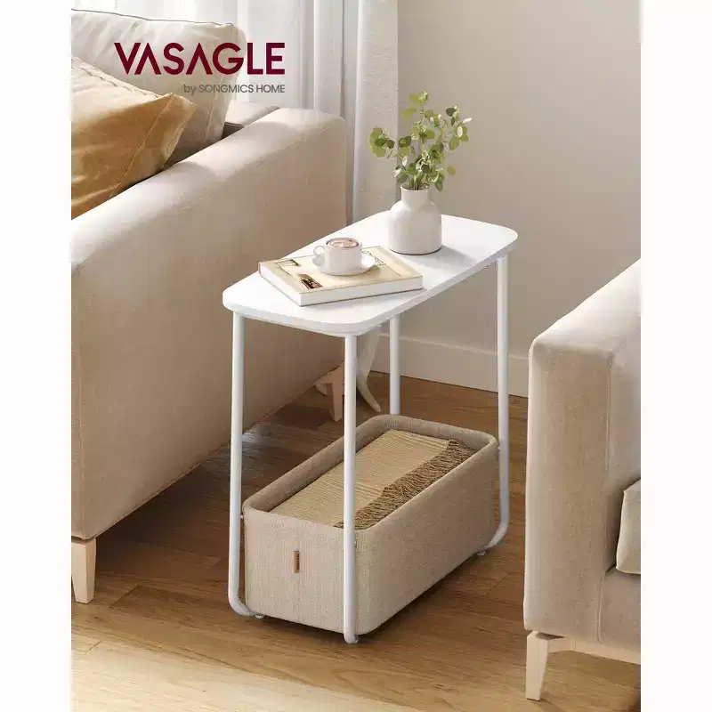 Modern Nightstand with Fabric Basket Small Bedside Table, End Table, Rectangular Side Table for Living Room, Bedroom Matte White and Camel Brown