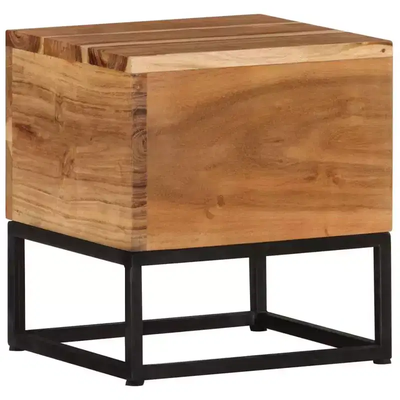 Solid Acacia Wood Side Table with Black Iron Base, 11.8