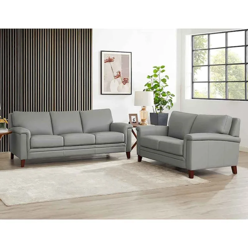 Spa Blue / Silver Gray / Vanilla White Transitional Leather Sofa & Loveseat Set, 2+3-Seat