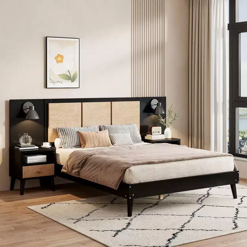 Queen Size Solid Wood & Rattan Bed Frame with 2 Nightstands and Built-In Lighting