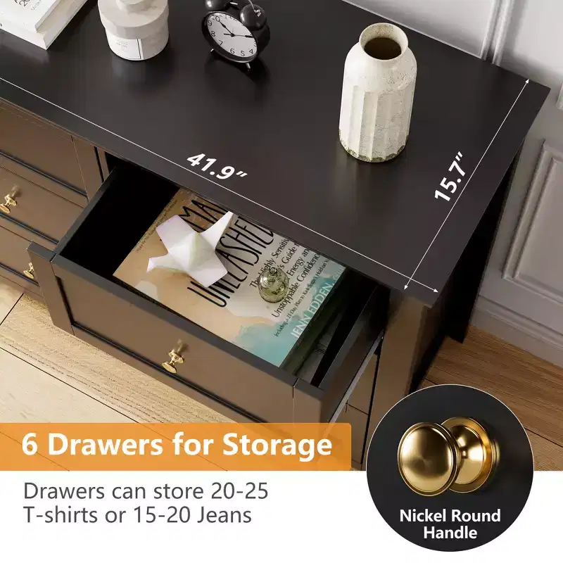 GustoWave 6 Drawer Dresser, Modern Chest of Drawers with Round Handle and Sturdy Leg