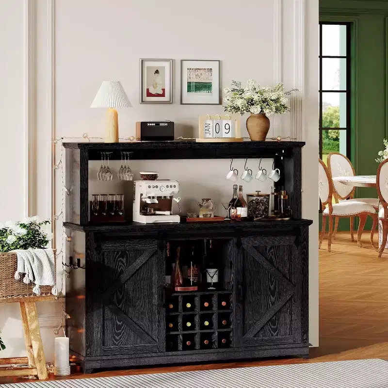 55-Inch Coffee Bar Cabinet with Sliding Barn Doors, Wine Rack, LED Lighting and Power Outlets