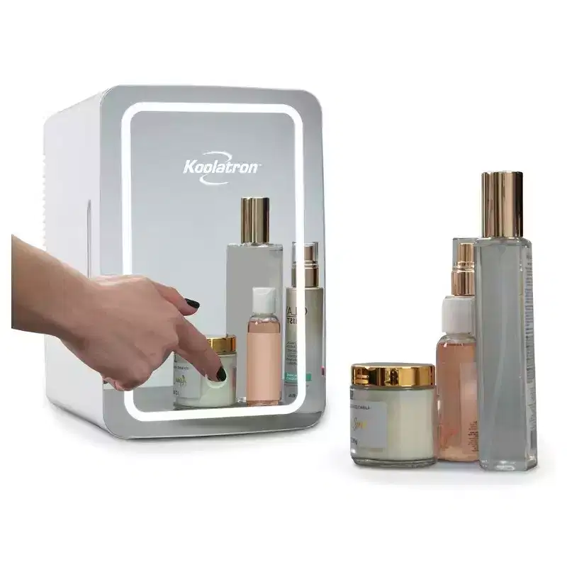 Koolatron Cosmetics Fridge w/ LED Lighted Makeup Mirror 12V 110V: Portable Skincare Cooler, Beauty Refrigerator, 6.3L Capacity