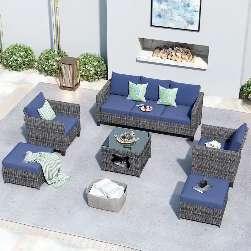 OVIOS 6-piece Patio Wicker Conversation Sectional Set With Cat Head-shaped Storage Table