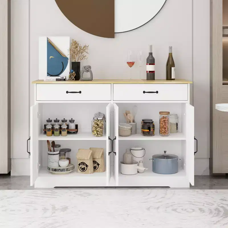 GDFStudio Hayes Modern Farmhouse Buffet Cabinet Sideboard with 2 Drawers and 4 Doors