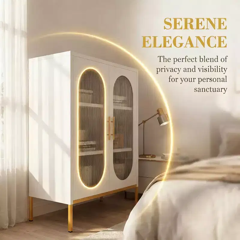 White Metal Double Arched Fluted Glass Cabinet, 2 Glass Doors Storage Cabinet with Adjustable Shelves, Modern Sideboard for Living Room, Dining Room