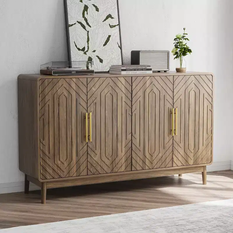 Mid-Century Modern Sideboard Buffet with 4 Doors, Carved Geometric Pattern & Gold Handles, Walnut