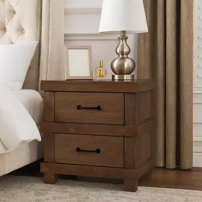 2-Drawer Nightstand with Metal Handle, Antique Oak