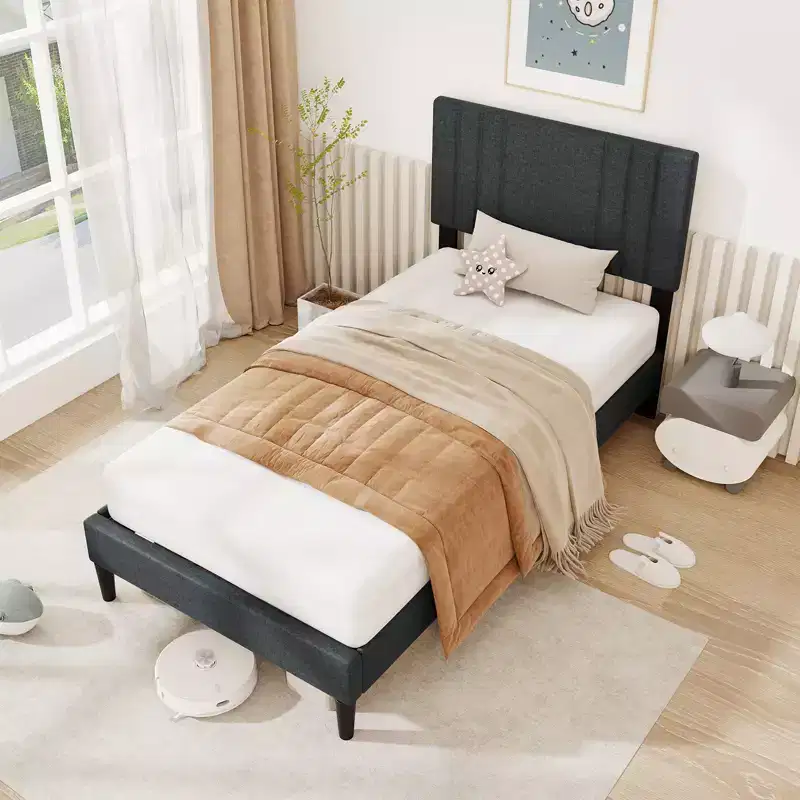 Twin / Full / Queen Size Bed Frame with Vertical Channel Tufted Headboard & Wooden Slats