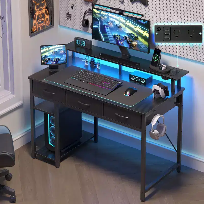 39/47/55 Inch Storage Computer Desk with Monitor Stand, LED Light & Power Outlet