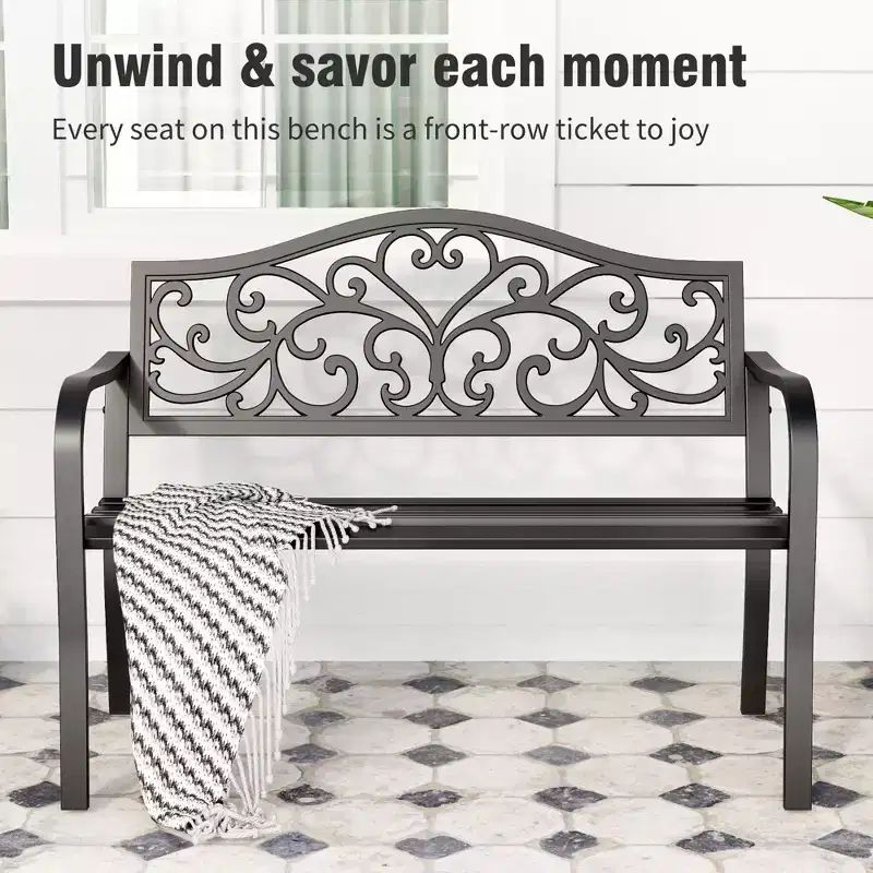 Captiva Designs 2-Person Outdoor Garden Bench, Cast Steel Park Bench with Decorative Backrest for Patio & Garden