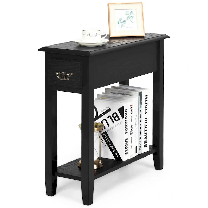 2-Tier Narrow Nightstand Side Table with Drawer & Lower Shelf – Black