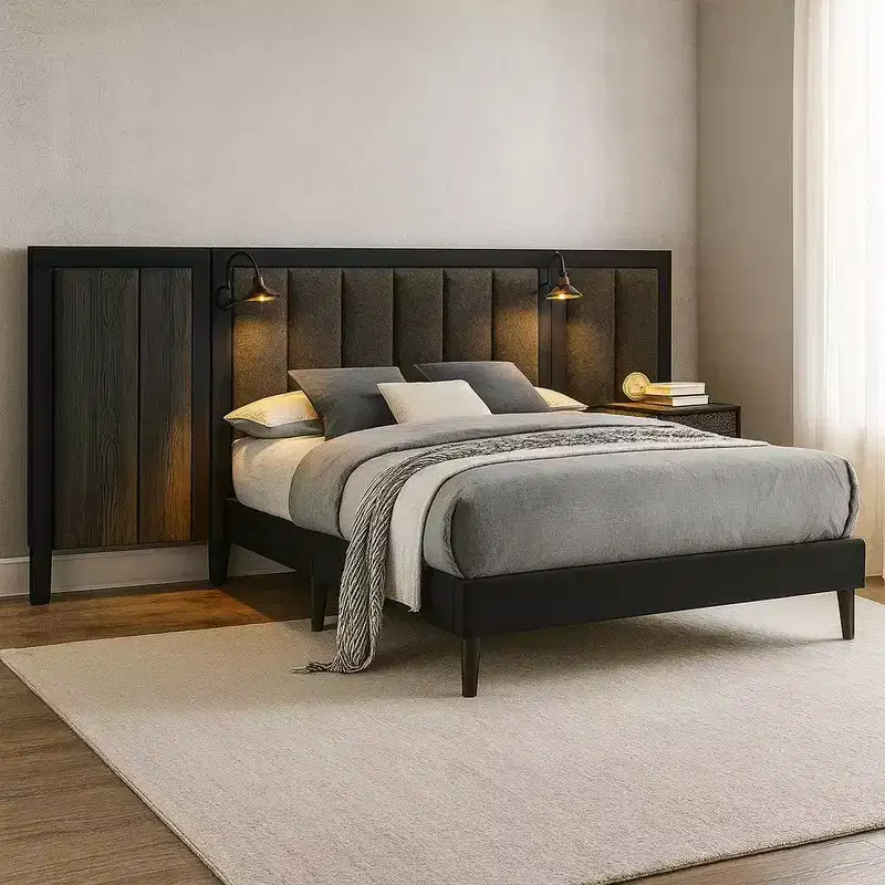 Queen Size Bed, Dark Brown Wood Frame, Upholstered Headboard