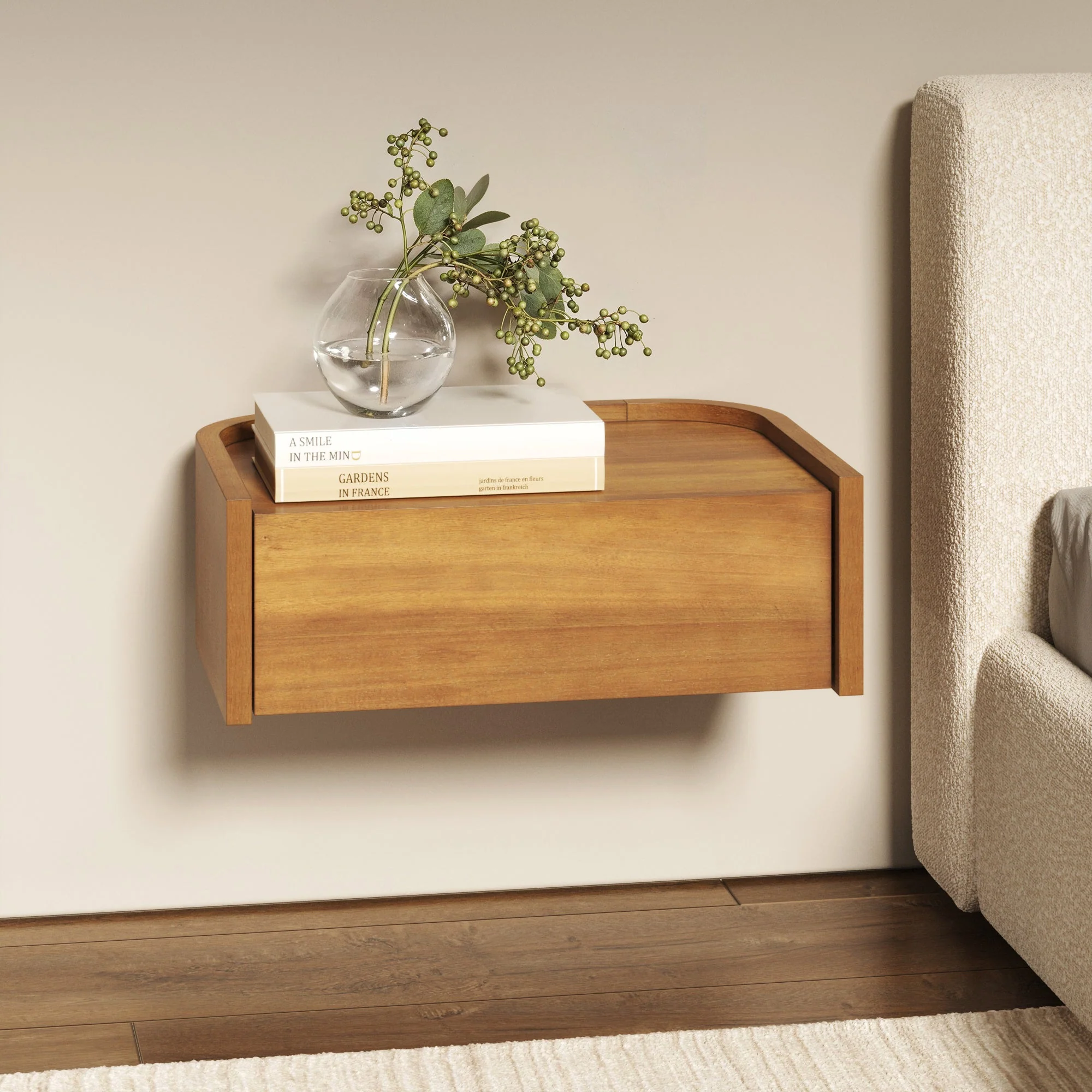 Floating 1-Drawer Rounded Nightstand Light Brown