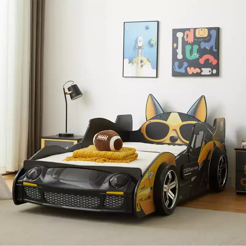 GDFStudio Fauna Twin Size Modern Cartoon Racing Car Bed with LED Headlights