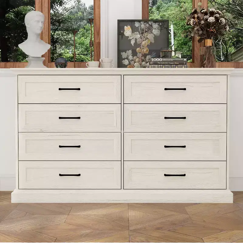 Famapy Vintage 8-Drawer Dresser Vanity with Black Metal Handles,Large-Capacity Drawer Chest Storage Cabinet for Bedroom/Living Room Organization