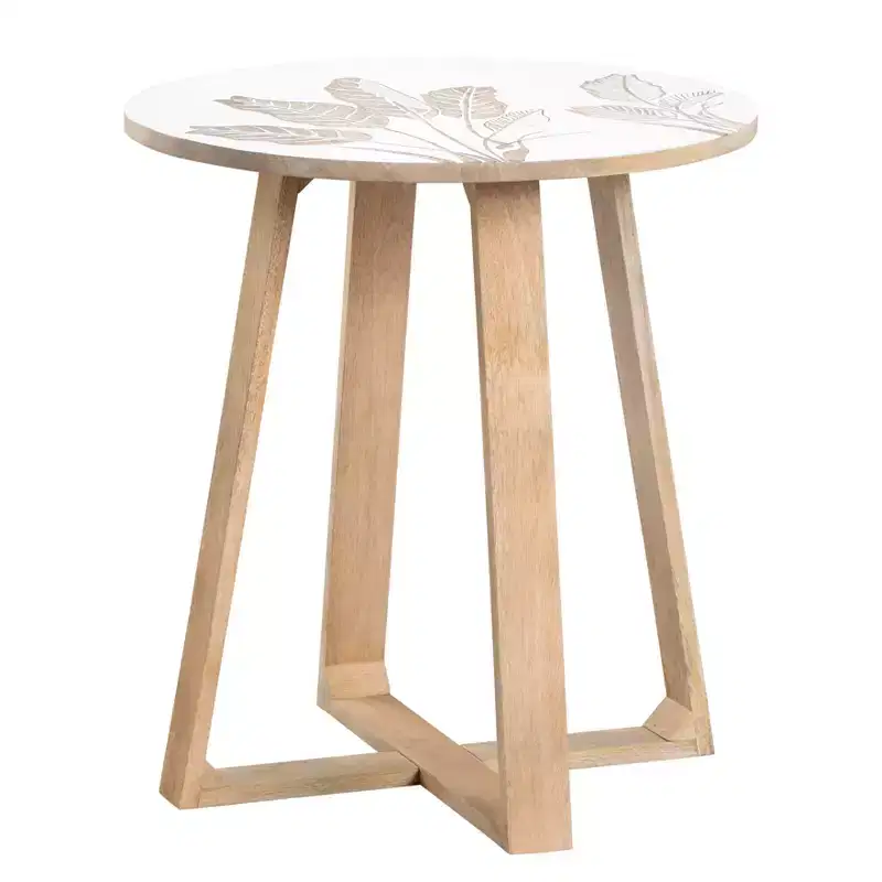 Round Brown Solid Mango Wood Accent End Table with Carved Palm Leaf Pattern