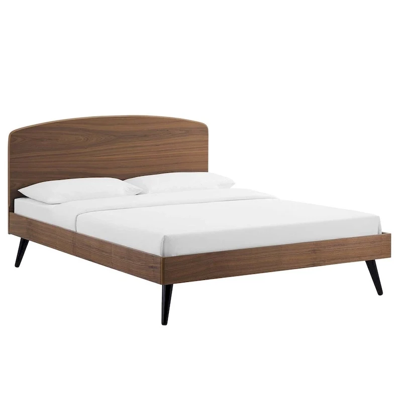 King Wood Platform Bed with Arched Headboard – Walnut, Rubberwood & MDF, Mid-Century Style, Single