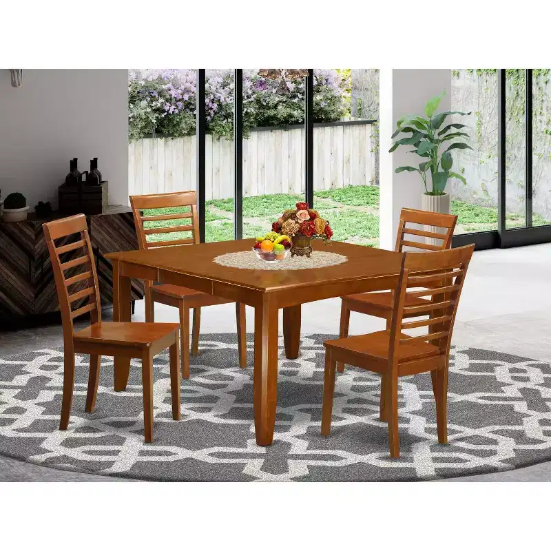 5-Pc Square Saddle Brown Finish Solid Wood Top Dining table with 4 Chairs