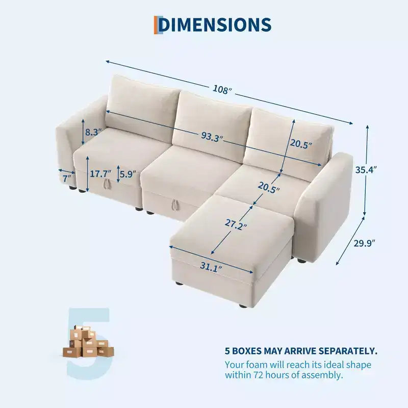 108-163 Modular L/U Sectional, 4-9 Seater Cloud Couch w/ Hidden Storage Under All Seats, Reversible Chaise Chenille Sleeper Sofa