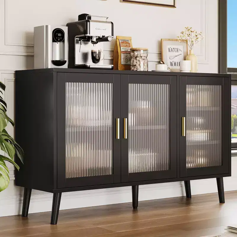 48 in Large Black Sideboard Cabinet with 3 Fluted Glass Doors for Kitchen, Dining and Living Room
