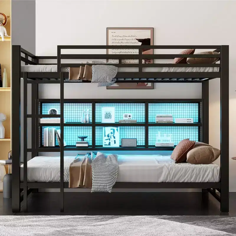 Metal Queen over Queen Bunk Bed with Storage Cabinets, LED Lighting & Guard Rails