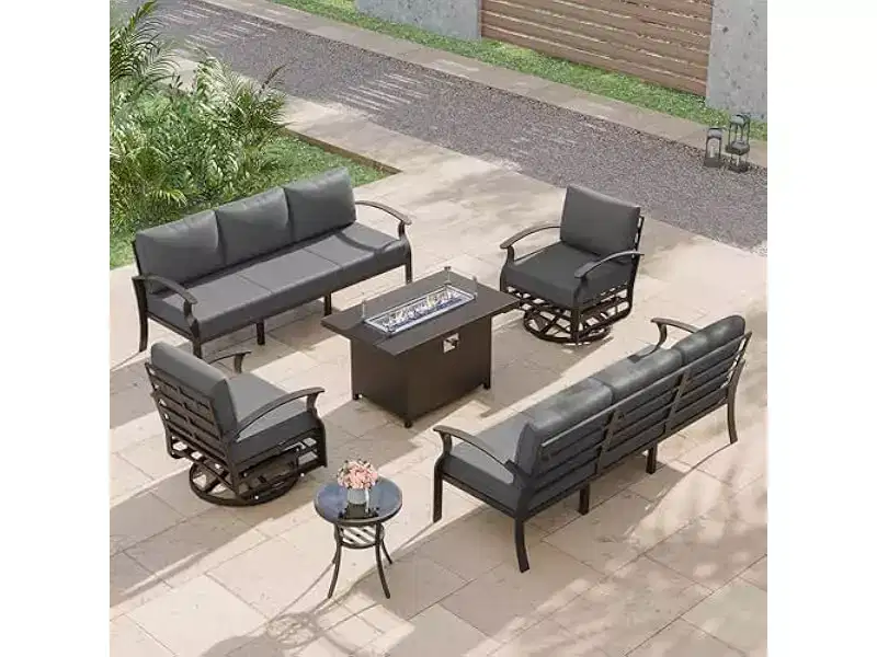 ALAULM Aluminum Patio Furniture Set 8-Seat Modern Metal Outdoor Conversation Sets w/45in Propane Fire Pit Table