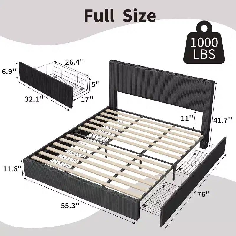 Acekool Corduroy Bed Frame with Headboard, Upholstered Platform with 4 Storage Drawers, Wood Slat Support, No Box Spring Needed